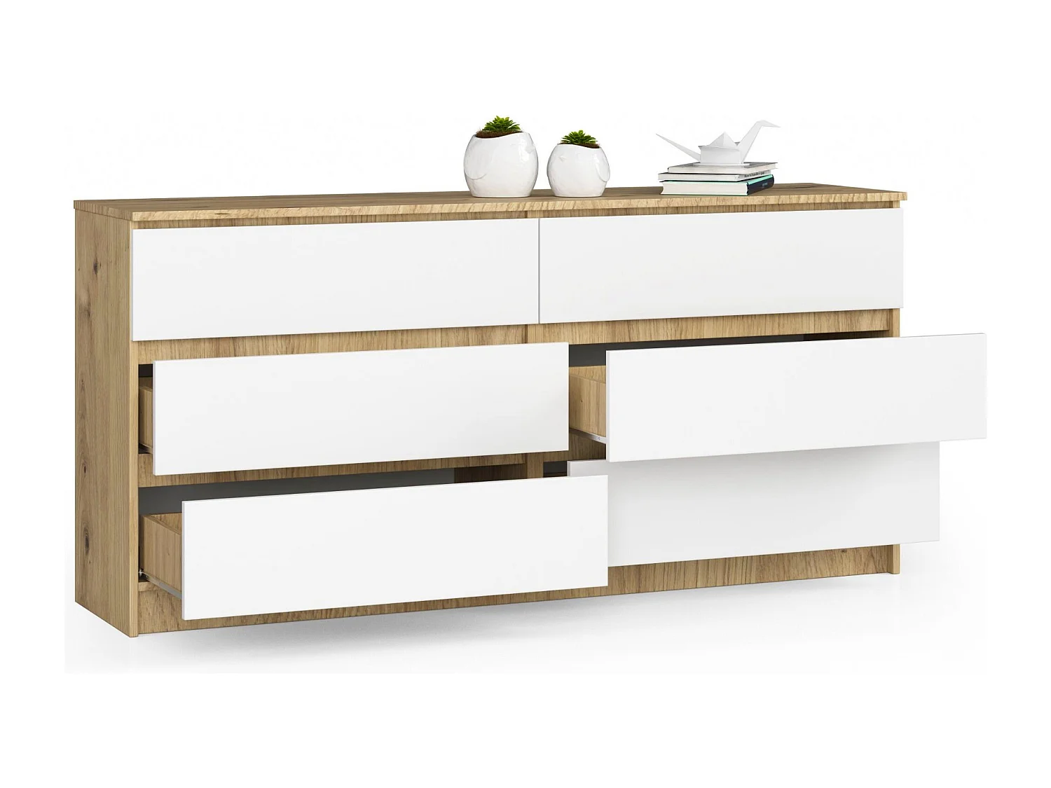 Grande Commode pour le salon AKORD K160 Chêne Artisan 160 cm 6 tiroirs façade Blanche 160x40x77 cm