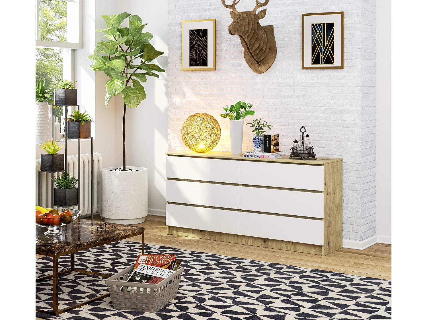 Grande Commode pour le salon AKORD K160 Chêne Artisan 160 cm 6 tiroirs façade Blanche 160x40x77 cm