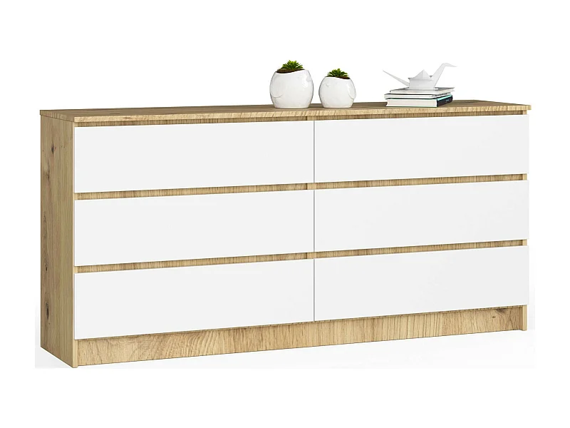Grande Commode pour le salon AKORD K160 Chêne Artisan 160 cm 6 tiroirs façade Blanche 160x40x77 cm