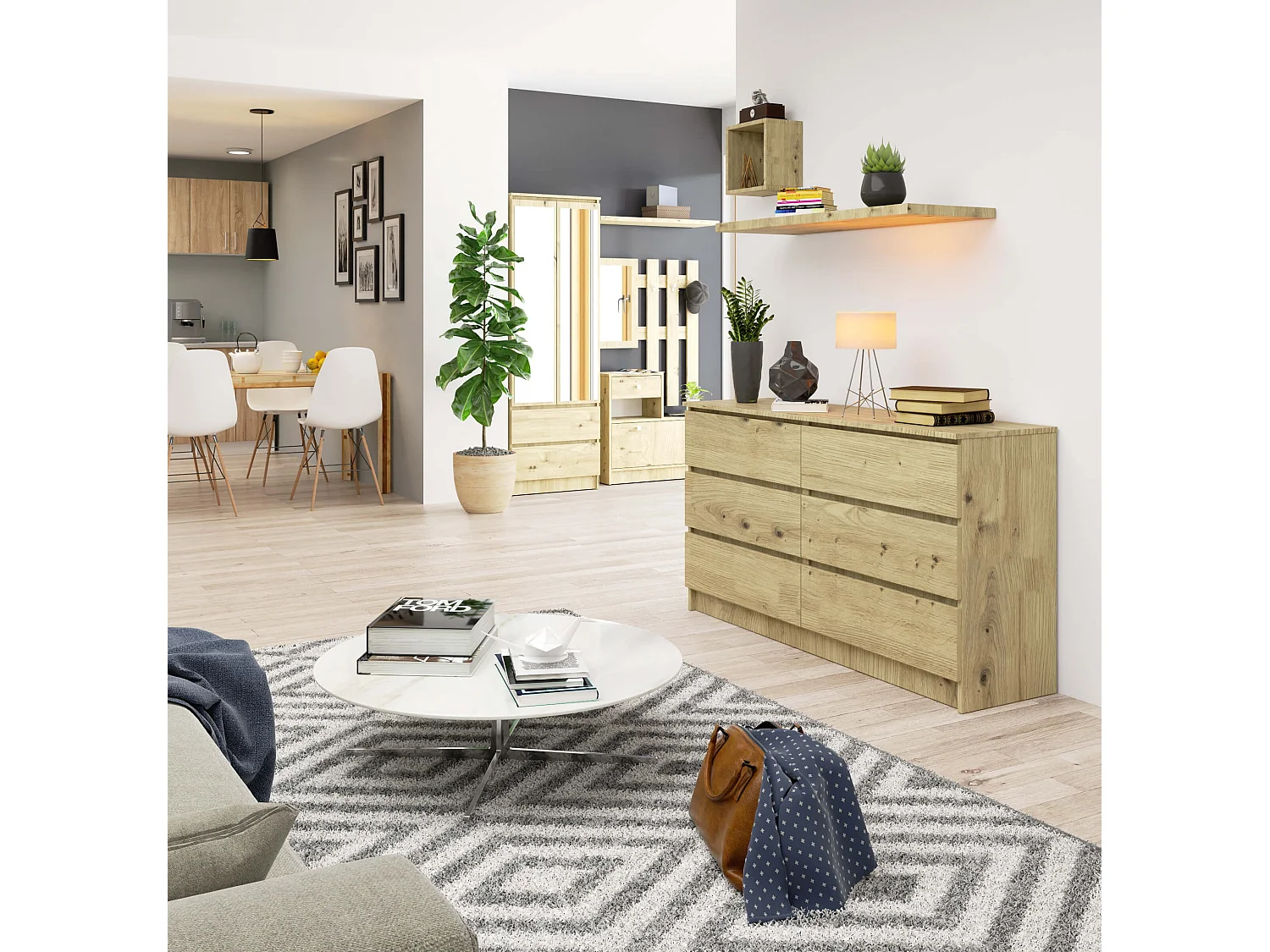 Kommode AKORD K140 Eiche Artisan 138 cm 6 Schubladen B138 x H77 x T40 cm