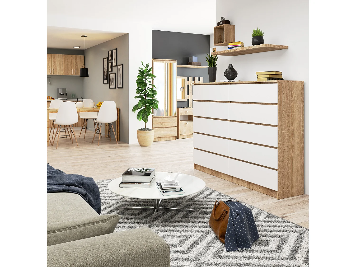 Kommode AKORD K160 Sonoma-Eiche 160 cm 10 Schubladen Front Weiß B160 x H121 x T40 cm