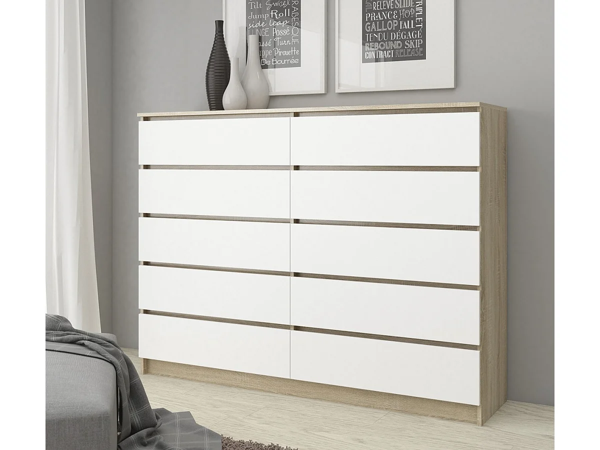 Grande Commode pour le salon AKORD K160 Chêne Sonoma 160 cm 10 tiroirs façade Blanche 160x40x121 cm