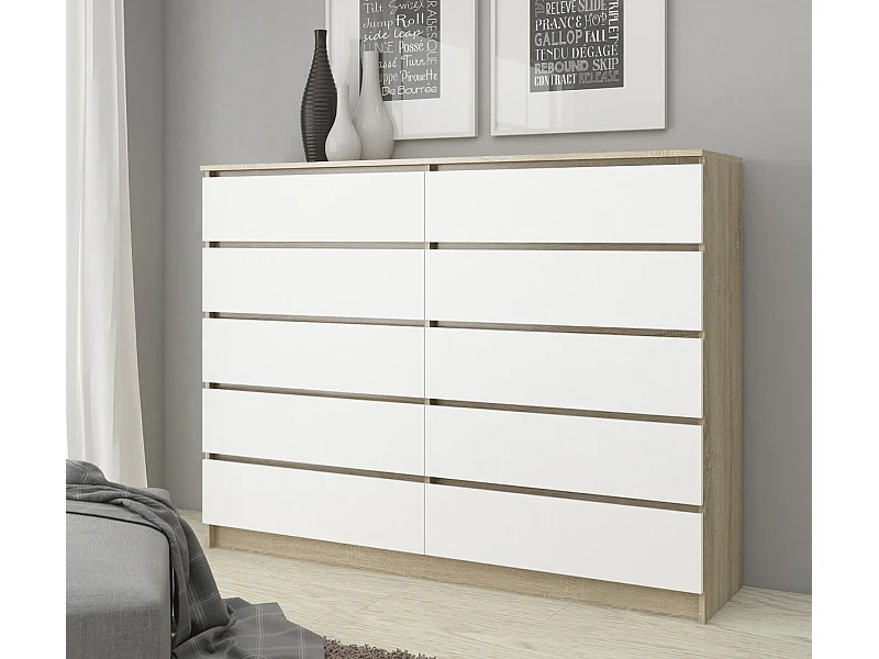 Ladekast K160 met 10 Lades / AKORD Furniture Factory / Sonoma Eik - Wit / 160 x 121 x 40 cm