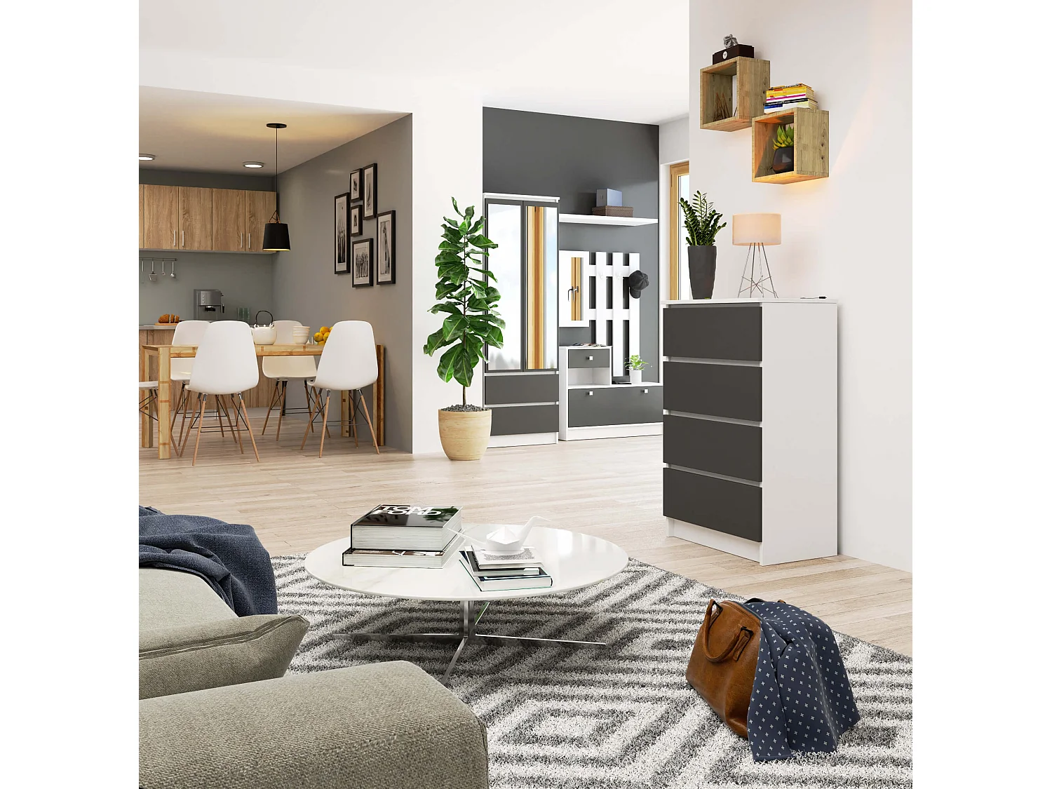 Komoda AKORD K60 Biała 60 cm 4 szuflady kolor Grafit Szary mat 60x40x99 cm