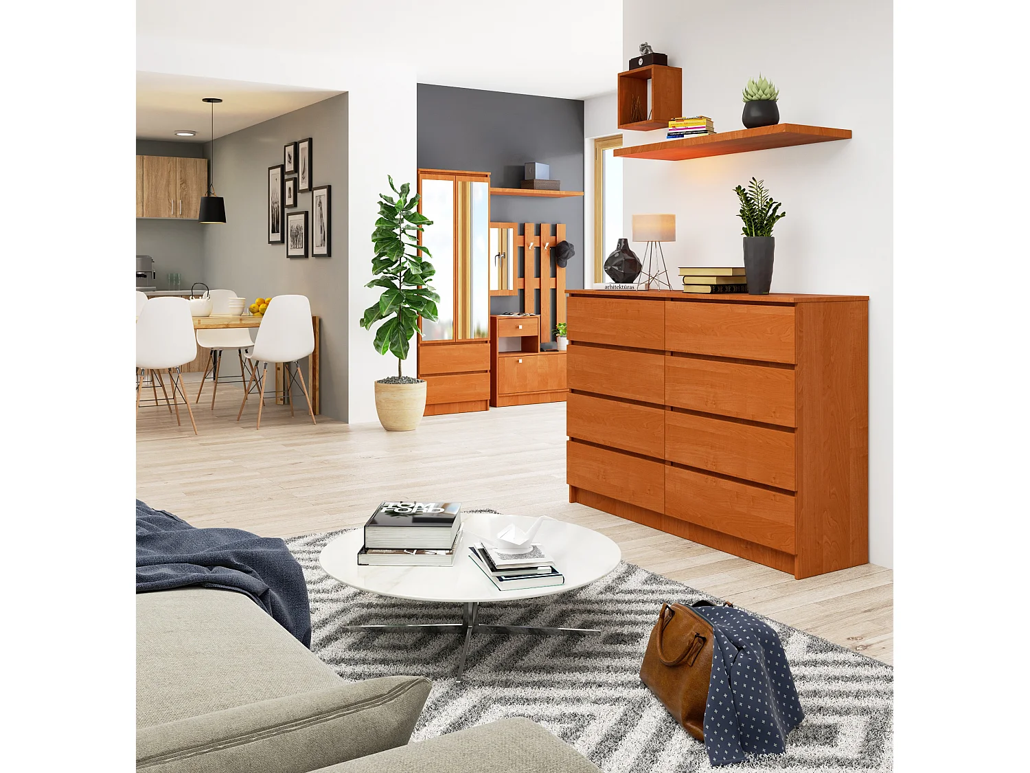 Kommode AKORD K140 Erle 138 cm 8 Schubladen B138 x H99 x T40 cm