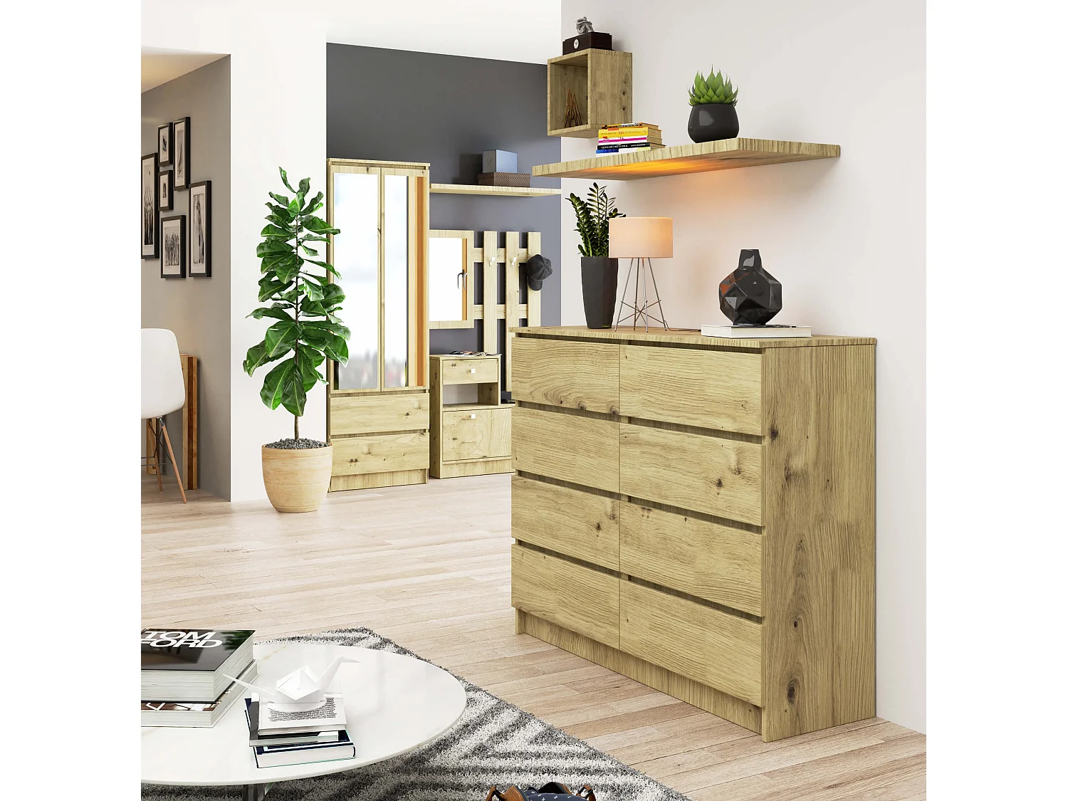 Commode AKORD K120 Chêne Artisan 120 cm 8 tiroirs façade Chêne Artisan 120x40x99 cm