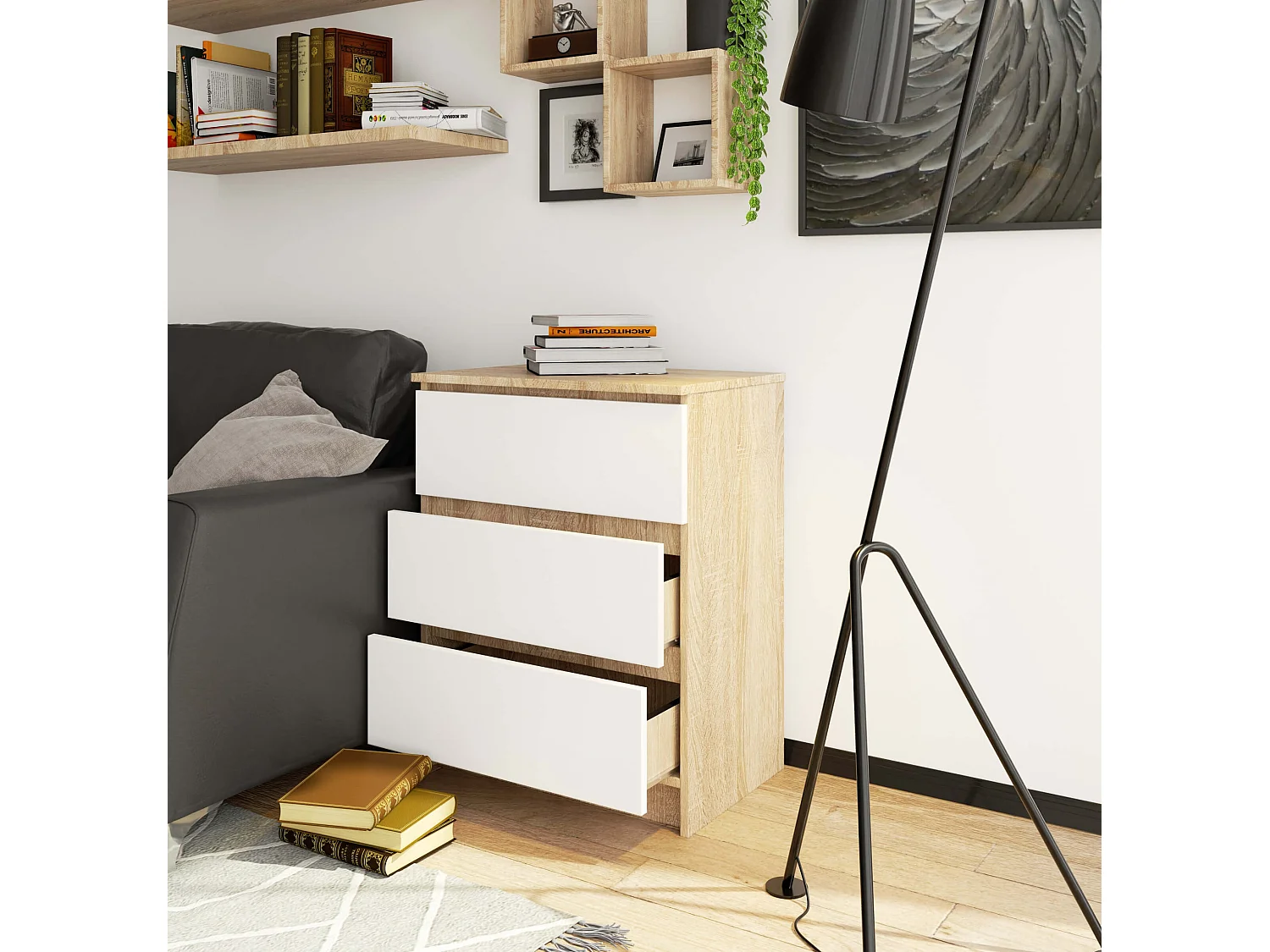 Commode AKORD K60 Chêne Sonoma 60 cm 3 tiroirs façade Blanche 60x40x77 cm