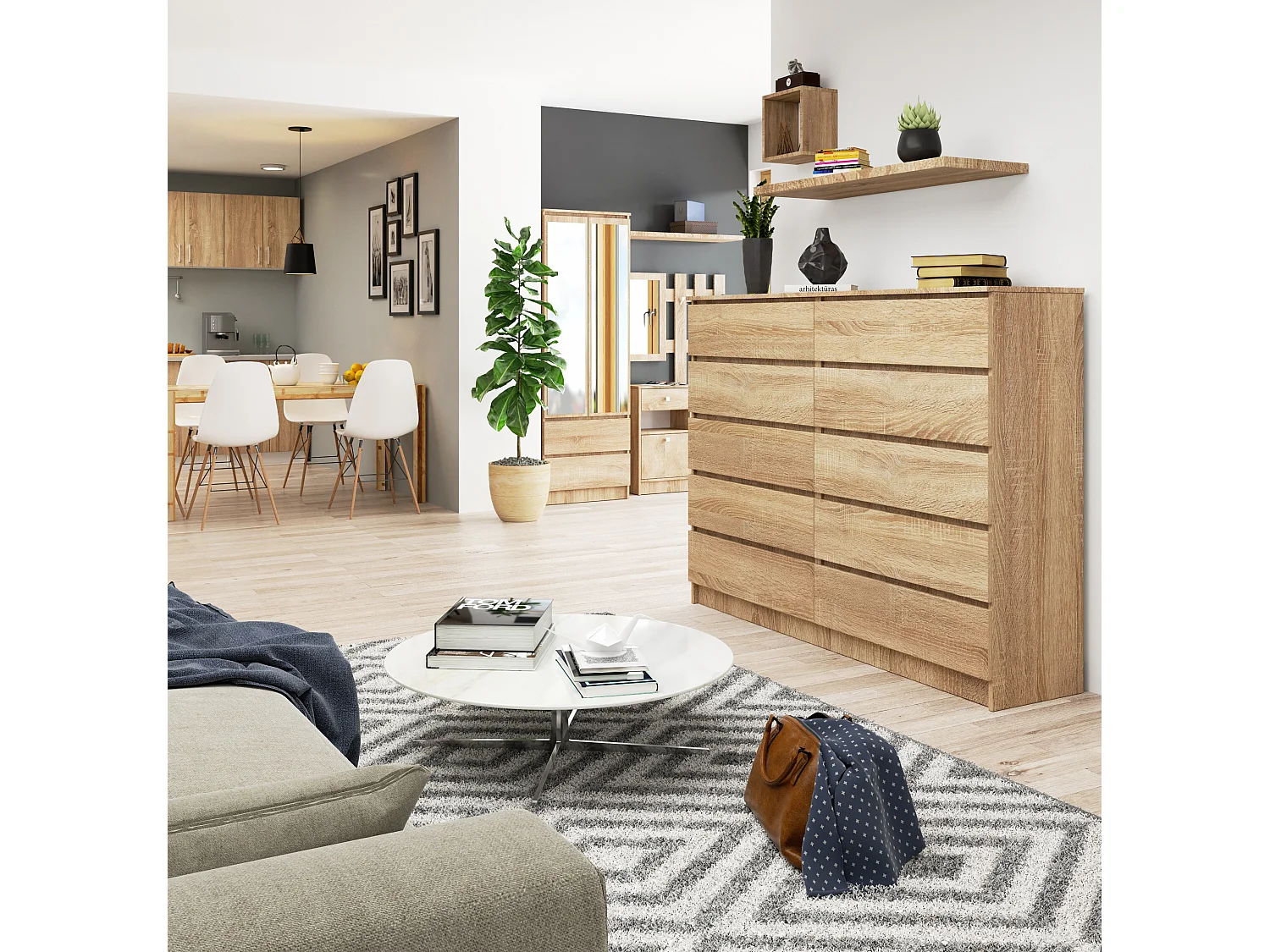 Kommode AKORD K160 Sonoma-Eiche 160 cm 10 Schubladen B160 x H121 x T40 cm