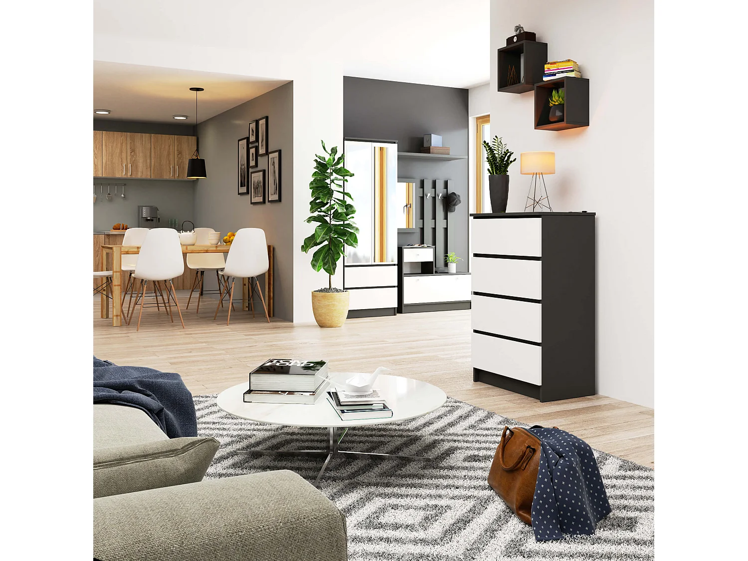 Komoda AKORD K60 Grafit Szary 60 cm 4 szuflady kolor Biały mat 60x40x99 cm