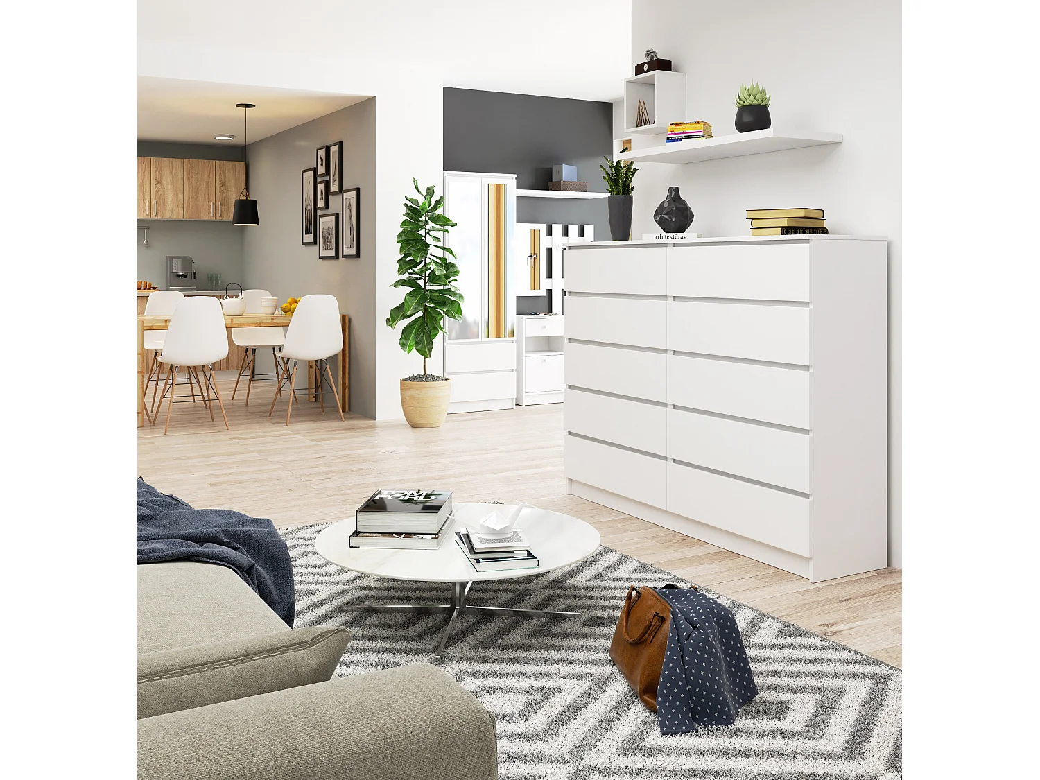 Grande Commode pour le salon AKORD K160 Blanche 160 cm 10 tiroirs façade Blanche 160x40x121 cm