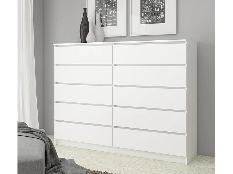 Grande Commode pour le salon AKORD K160 Blanche 160 cm 10 tiroirs façade Blanche 160x40x121 cm