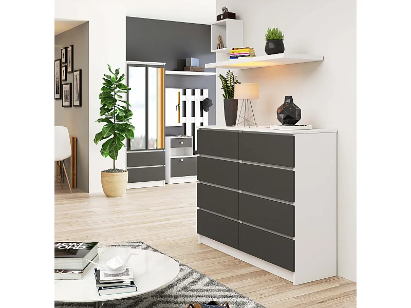 Commode AKORD K120 Blanche 120 cm 8 tiroirs façade Gris Graphite 120x40x99 cm