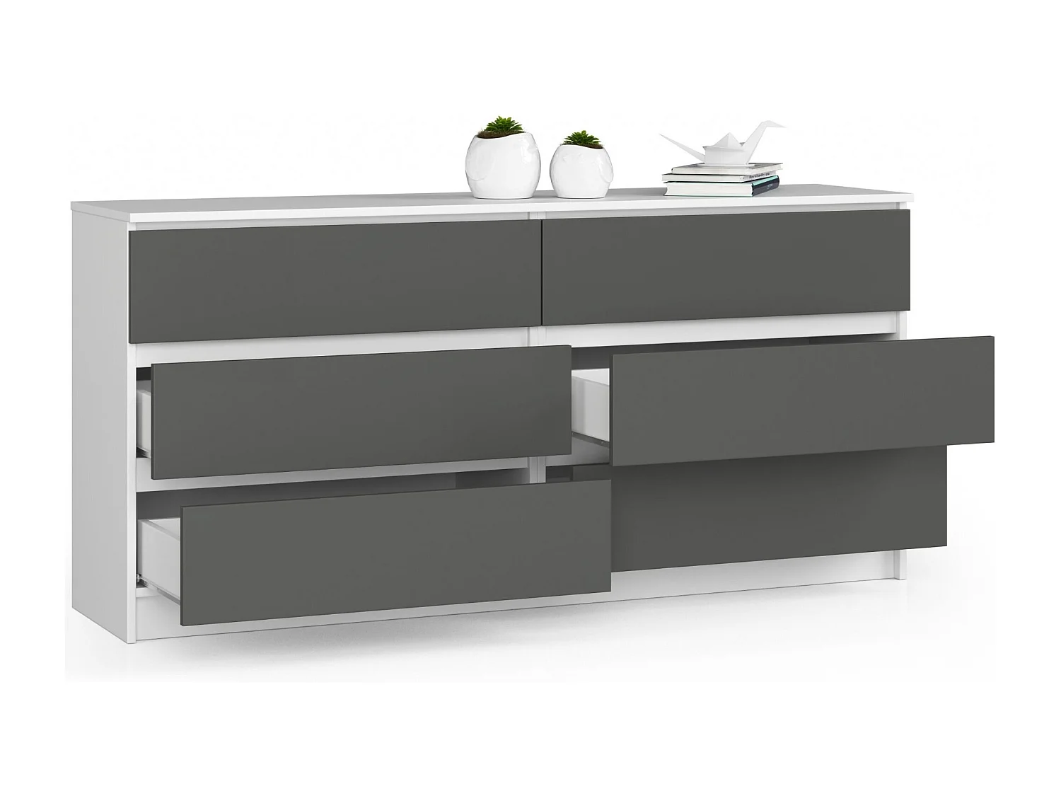 Kommode AKORD K160 Weiß 160 cm 6 Schubladen Front Graphitgrau B160 x H77 x T40 cm