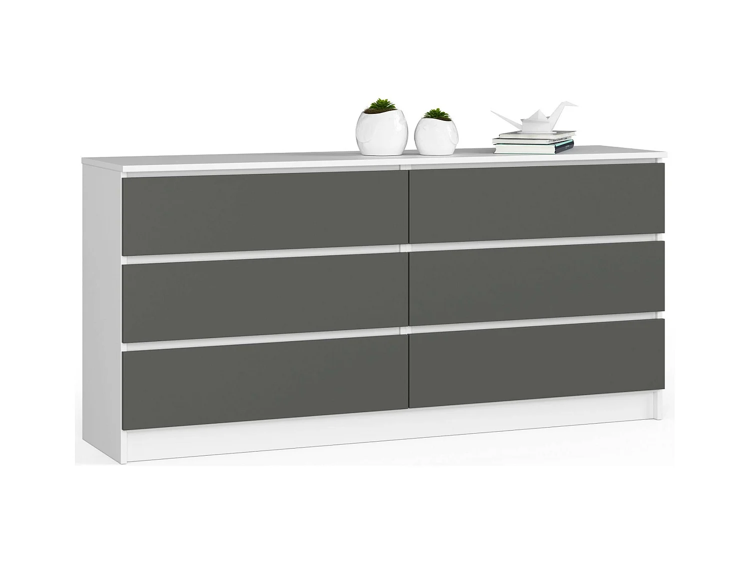 Grande Commode pour le salon AKORD K160 Blanche 160 cm 6 tiroirs façade Gris Graphite 160x40x77 cm