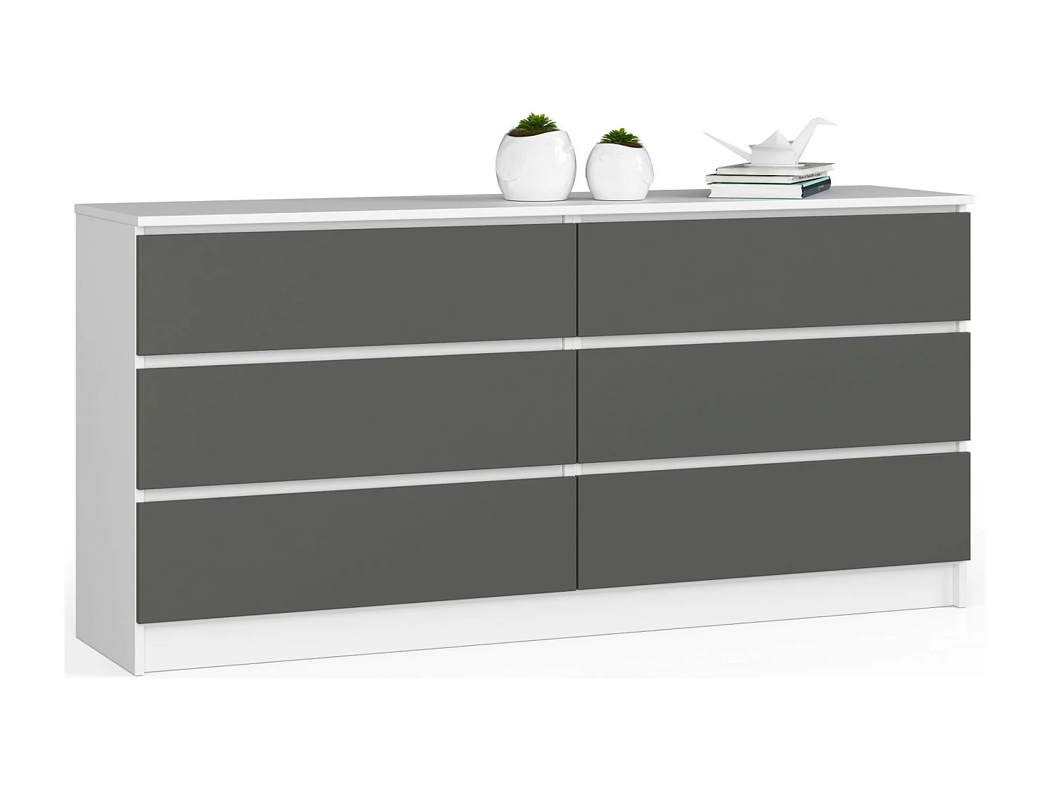 Grande Commode pour le salon AKORD K160 Blanche 160 cm 6 tiroirs façade Gris Graphite 160x40x77 cm