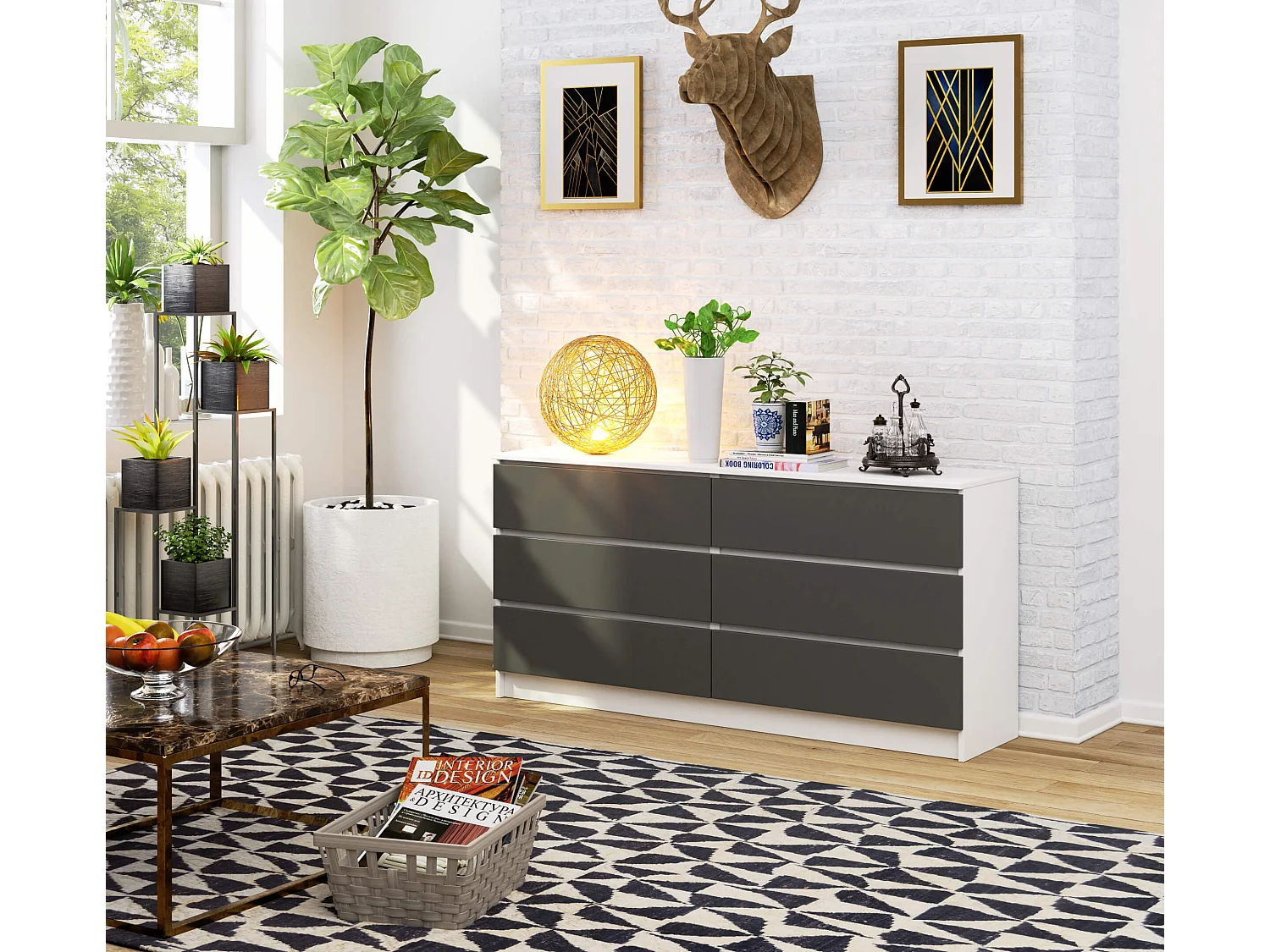 Grande Commode pour le salon AKORD K160 Blanche 160 cm 6 tiroirs façade Gris Graphite 160x40x77 cm