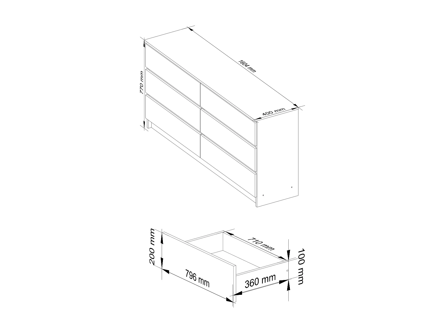 Cómoda AKORD K160 Blanco 160 cm 6 cajones frente en color Grafito Gris 160x40x77 cm