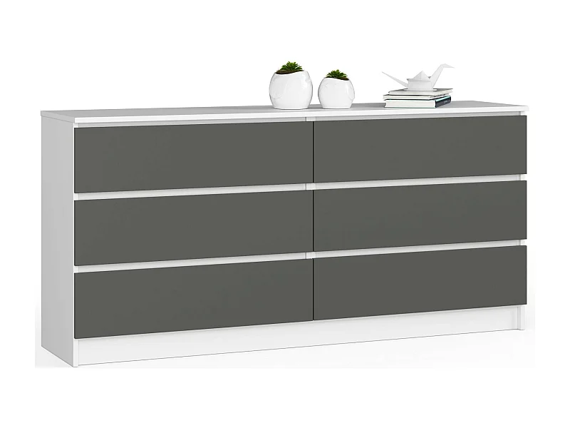 Grande Commode pour le salon AKORD K160 Blanche 160 cm 6 tiroirs façade Gris Graphite 160x40x77 cm