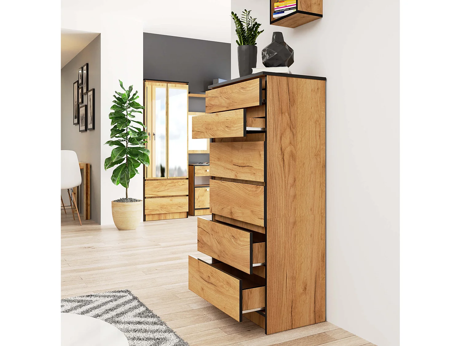 Commode AKORD K60 Chêne Craft 60 cm 6 tiroirs façade Chêne Craft 60x40x130 cm