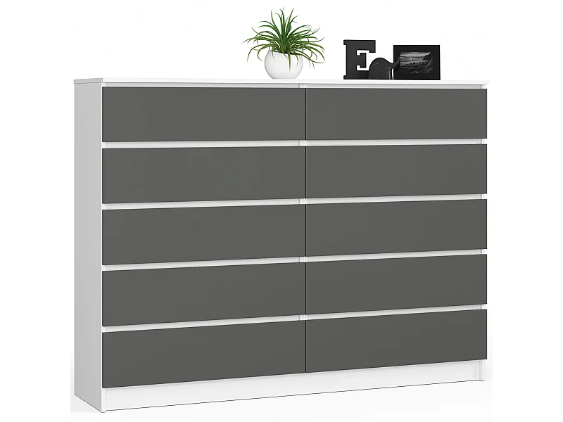 Grande Commode pour le salon AKORD K160 Blanche 160 cm 10 tiroirs façade Gris Graphite 160x40x121 cm