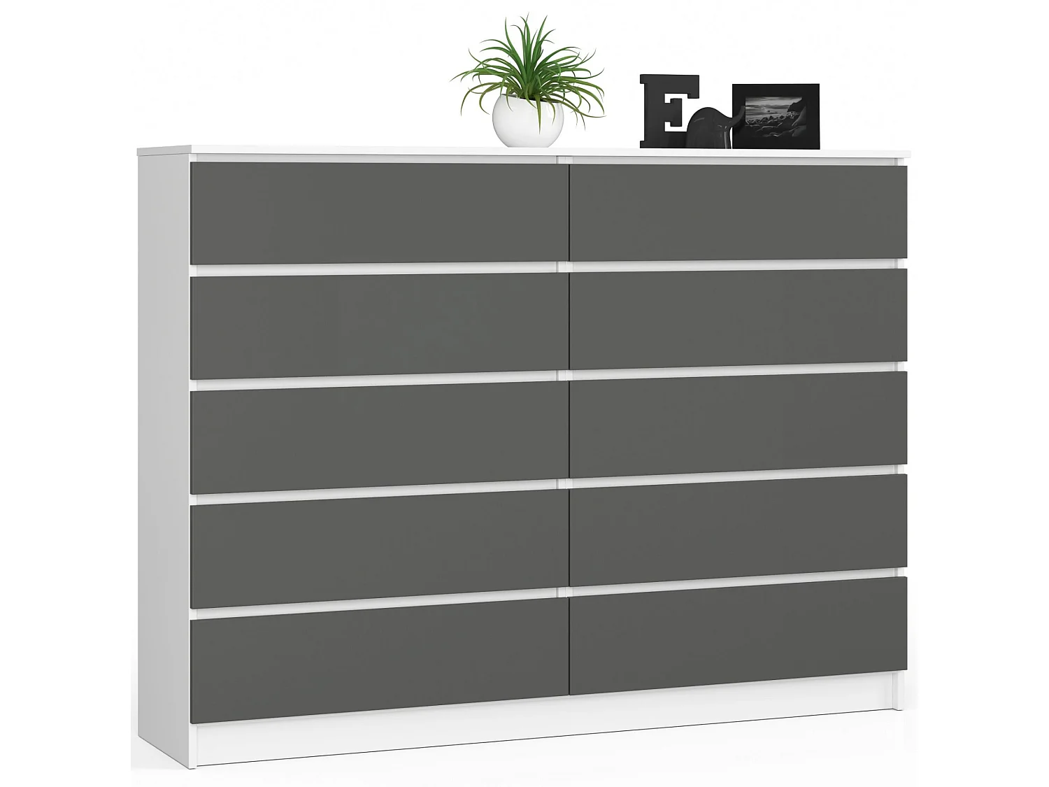 Grande Commode pour le salon AKORD K160 Blanche 160 cm 10 tiroirs façade Gris Graphite 160x40x121 cm