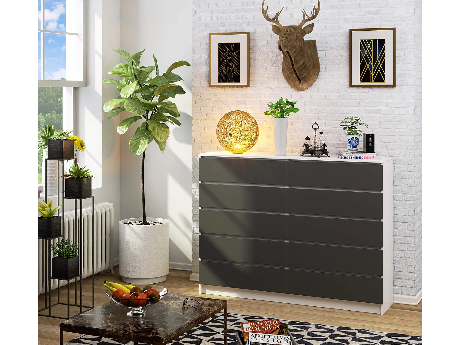 Grande Commode pour le salon AKORD K160 Blanche 160 cm 10 tiroirs façade Gris Graphite 160x40x121 cm