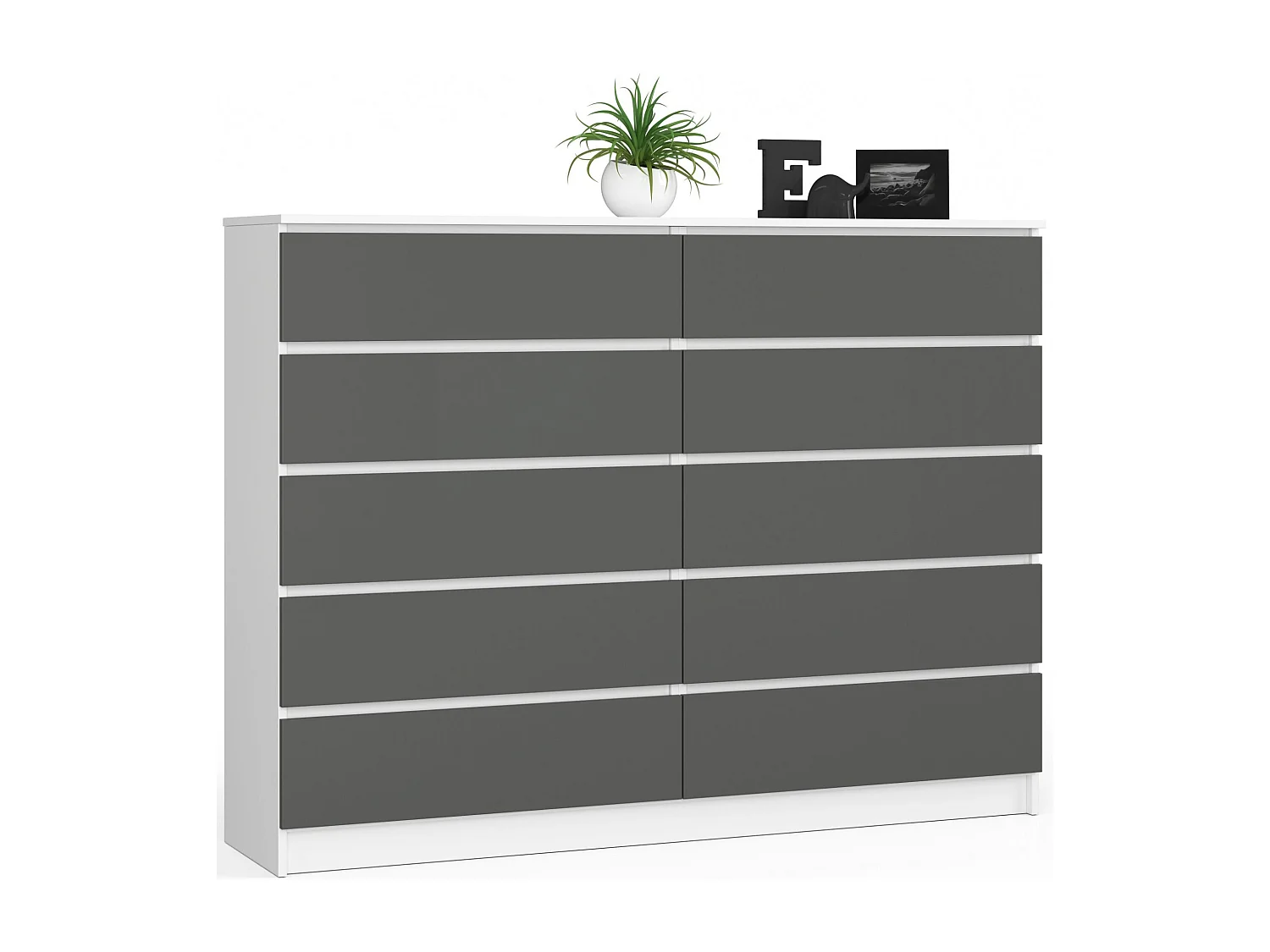 Grande Commode pour le salon AKORD K160 Blanche 160 cm 10 tiroirs façade Gris Graphite 160x40x121 cm
