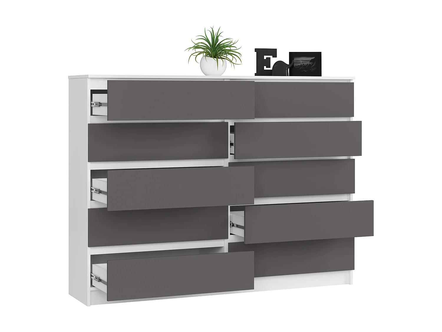 Grande Commode pour le salon AKORD K160 Blanche 160 cm 10 tiroirs façade Gris Graphite 160x40x121 cm