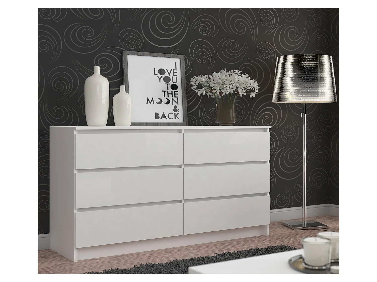 Grande Commode pour le salon AKORD K160 Blanche 160 cm 6 tiroirs façade Blanche 160x40x77 cm