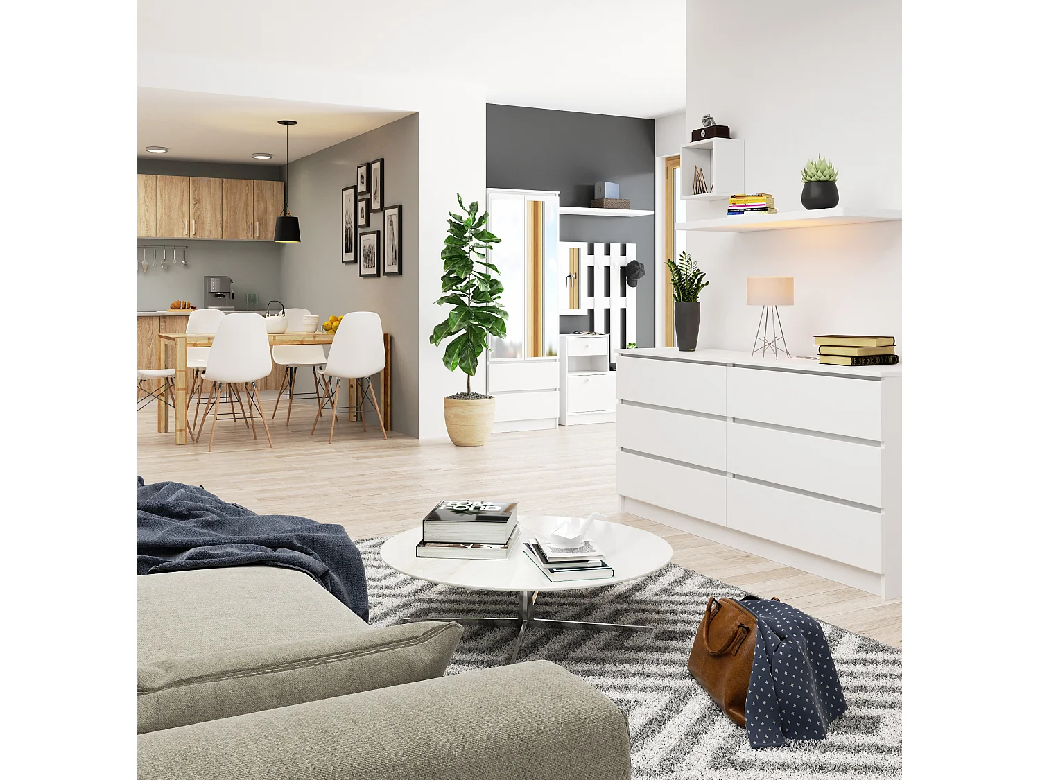 Grande Commode pour le salon AKORD K160 Blanche 160 cm 6 tiroirs façade Blanche 160x40x77 cm