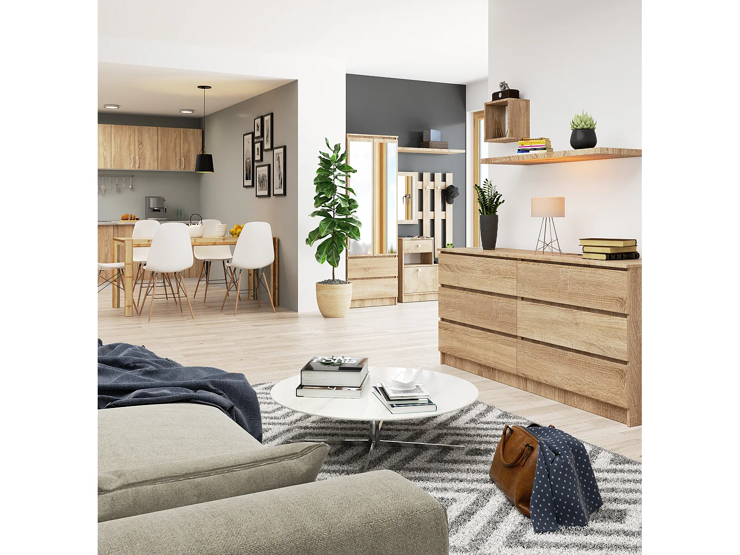 Grande Commode pour le salon AKORD K160 Chêne Sonoma 160 cm 6 tiroirs façade Chêne Sonoma 160x40x77 cm