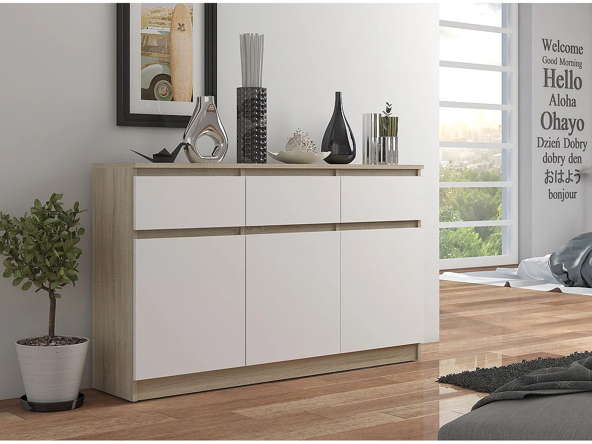 Ladekast K140 met 3 Lades en 3 Deuren / AKORD Furniture Factory / Sonoma Eik - Wit / 138 x 99 x 40 cm