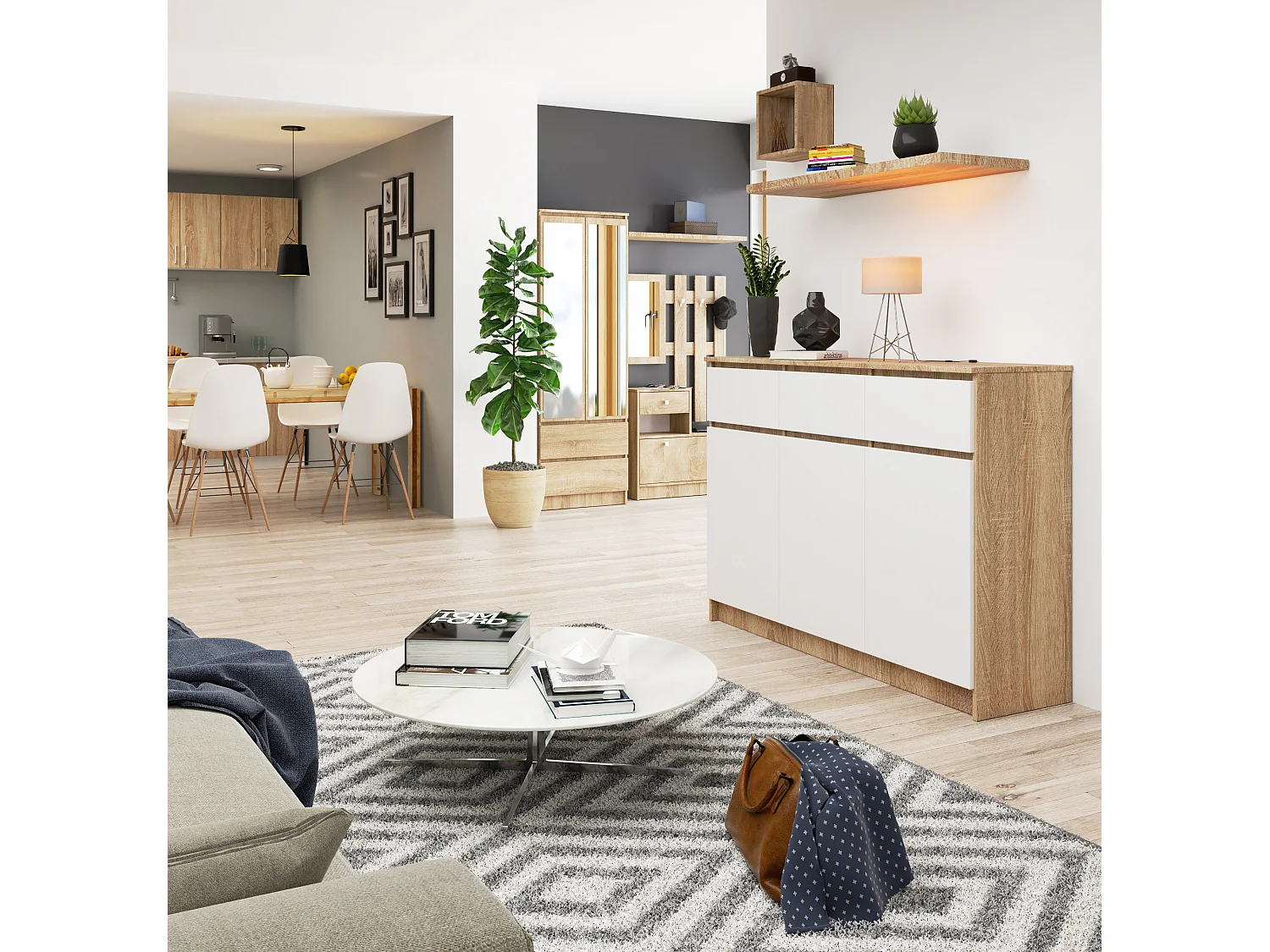 Ladekast K140 met 3 Lades en 3 Deuren / AKORD Furniture Factory / Sonoma Eik - Wit / 138 x 99 x 40 cm