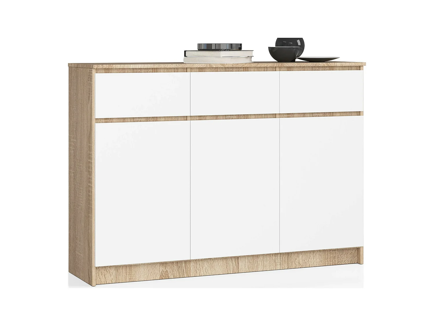 Commode AKORD K140 Chêne Sonoma 138 cm 3 portes 3 tiroirs façade Blanche 6 étagères 138x40x99 cm