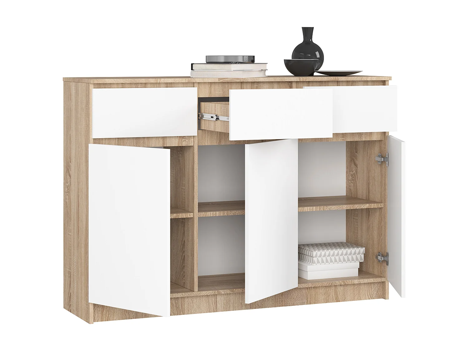 Commode AKORD K140 Chêne Sonoma 138 cm 3 portes 3 tiroirs façade Blanche 6 étagères 138x40x99 cm