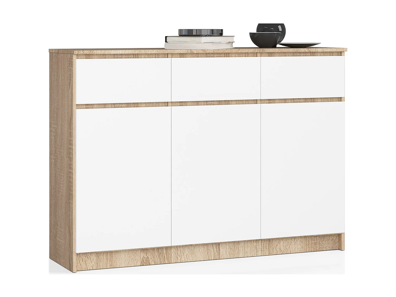 Commode AKORD K140 Chêne Sonoma 138 cm 3 portes 3 tiroirs façade Blanche 6 étagères 138x40x99 cm