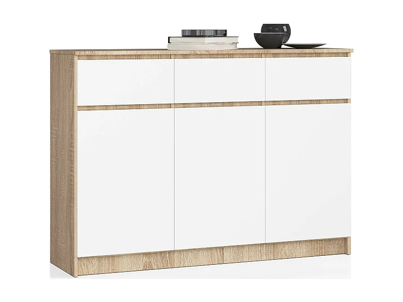 Komoda AKORD K140 Dąb Sonoma 138 cm 3 drzwi 3 szuflady kolor Biały mat 6 półek 138x40x99 cm