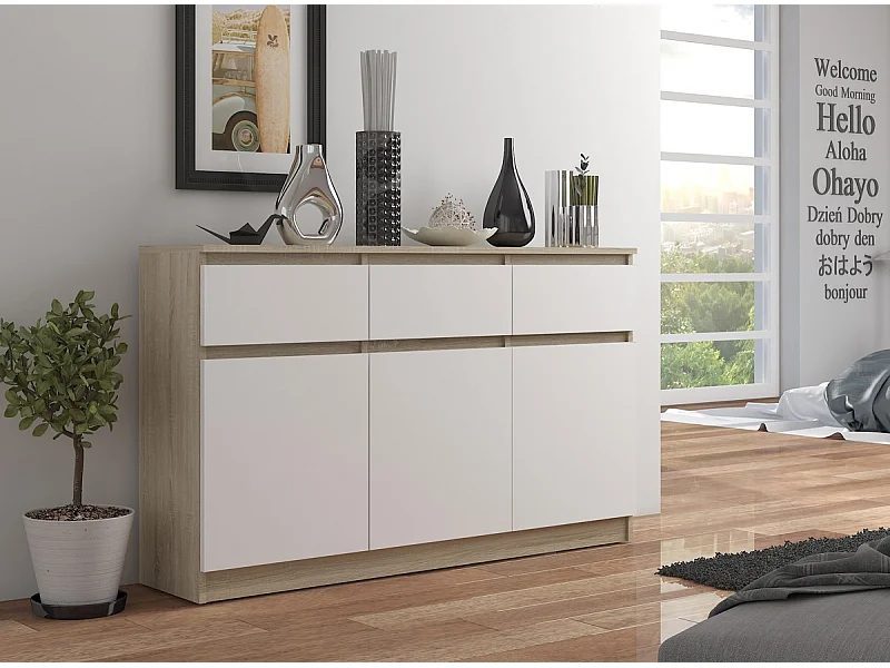 Commode AKORD K140 Chêne Sonoma 138 cm 3 portes 3 tiroirs façade Blanche 6 étagères 138x40x99 cm