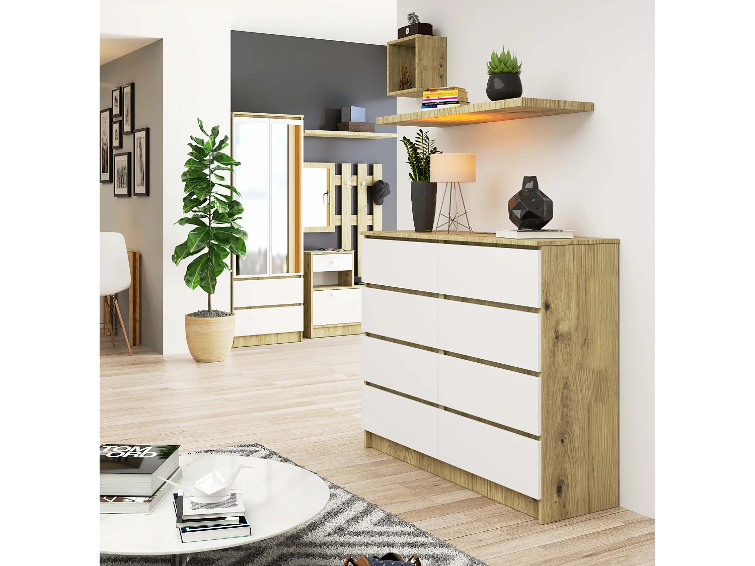 Cómoda AKORD K120 Roble Artisan 120 cm 8 cajones frente en color Blanco 120x40x99 cm