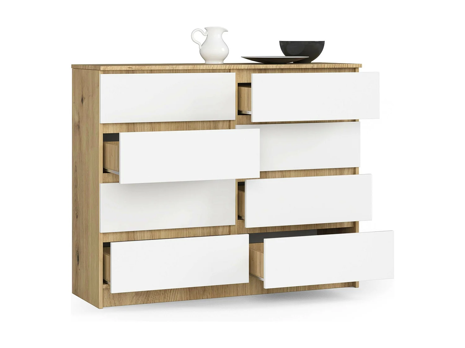 Kommode AKORD K120 Eiche Artisan 120 cm 8 Schubladen Front Weiß B120 x H99 x T40 cm