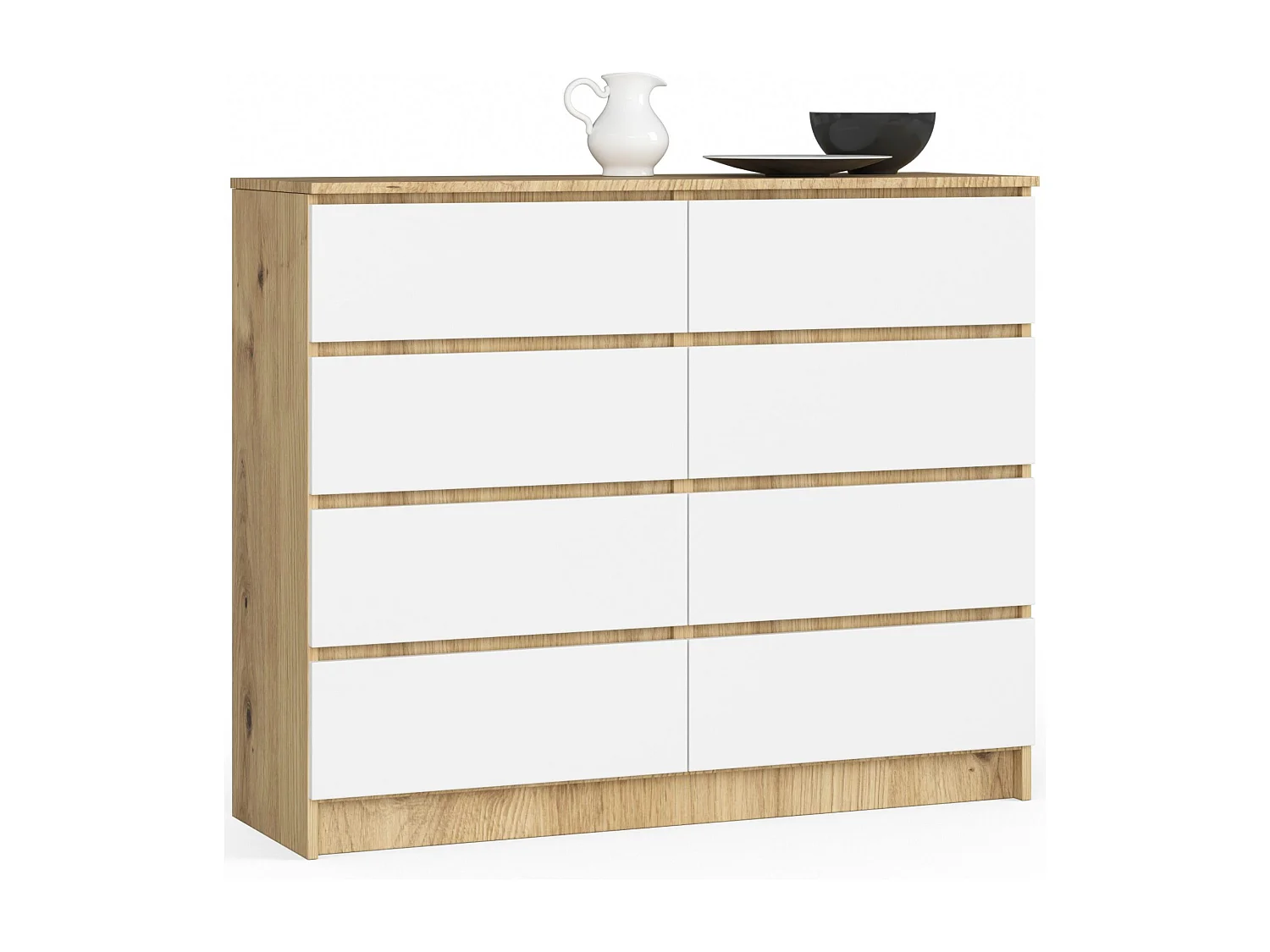 Commode AKORD K120 Chêne Artisan 120 cm 8 tiroirs façade Blanche 120x40x99 cm