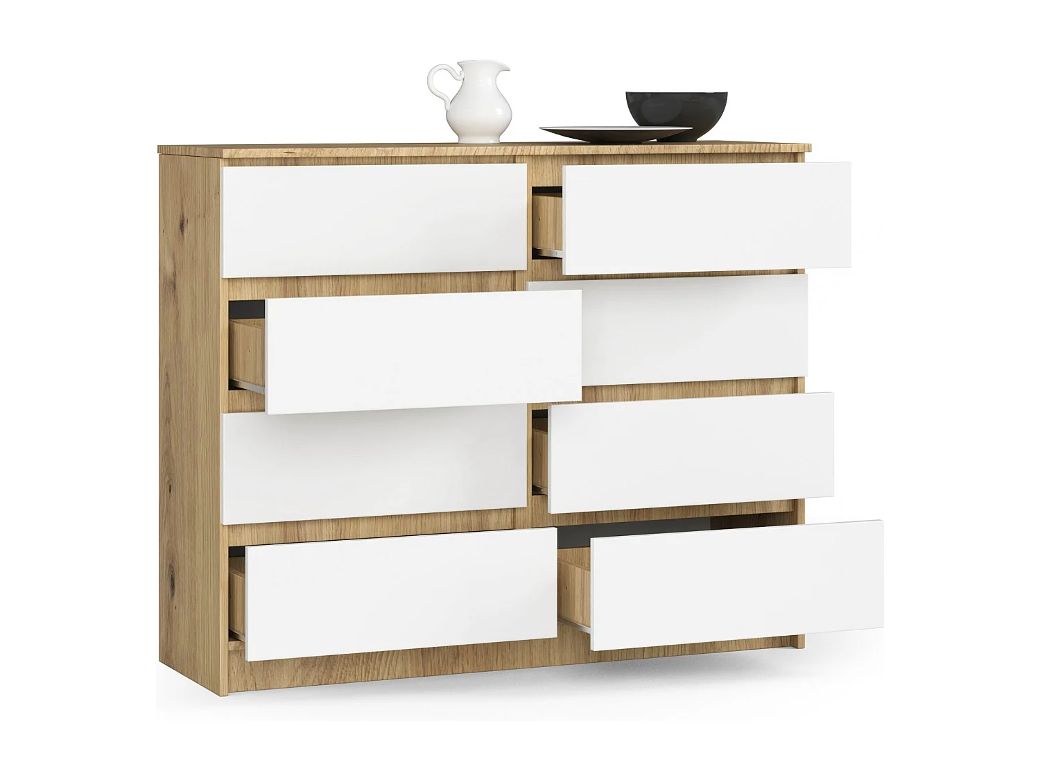 Commode AKORD K120 Chêne Artisan 120 cm 8 tiroirs façade Blanche 120x40x99 cm