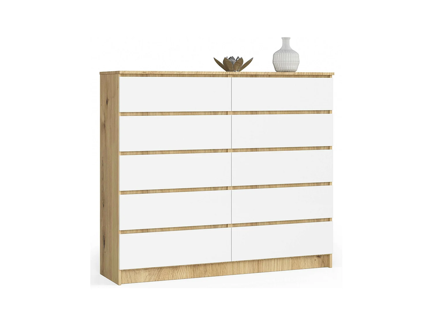Commode AKORD K140 Chêne Artisan 138 cm 10 tiroirs façade Blanche 138x40x121 cm