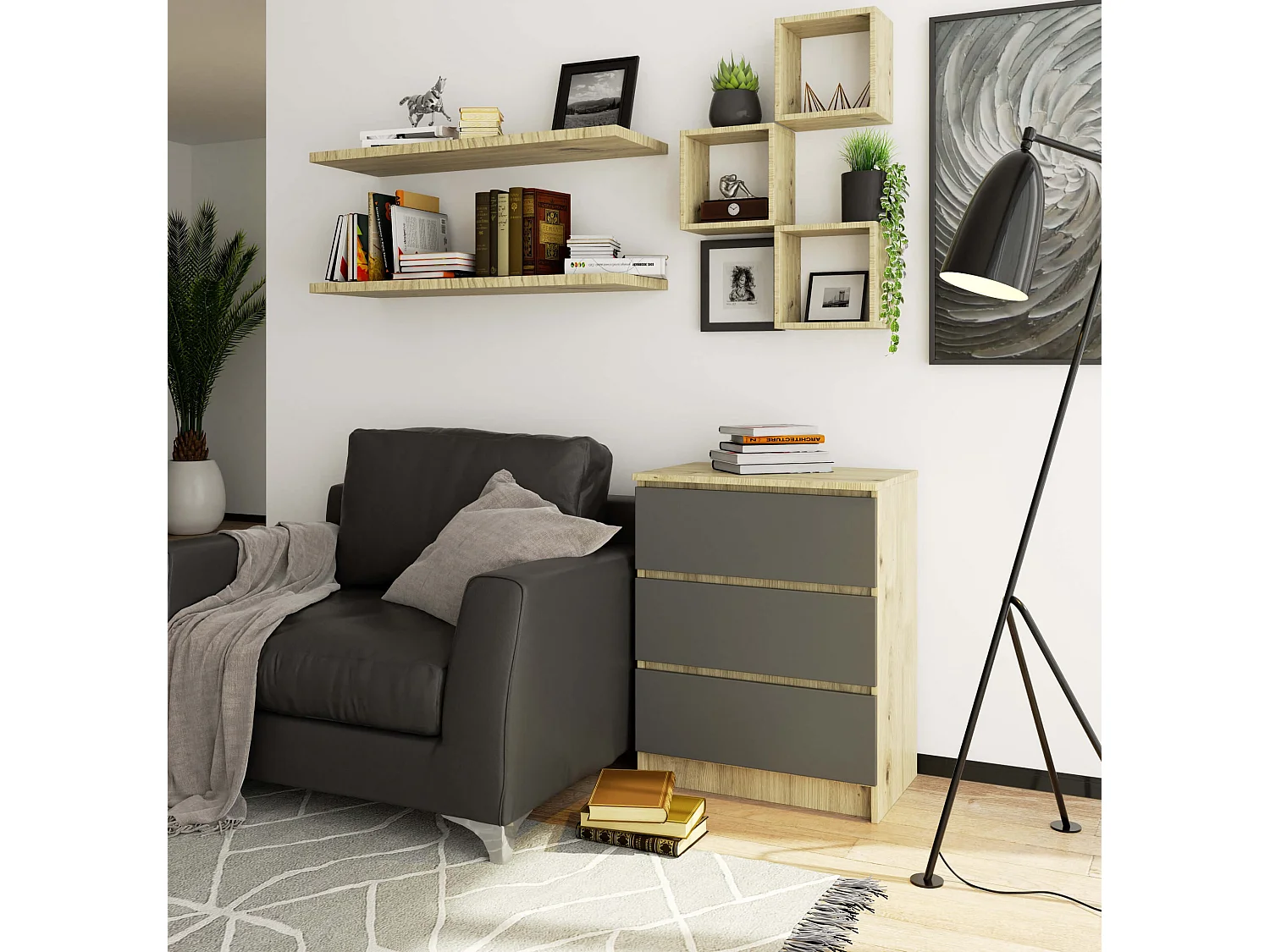 Commode AKORD K60 Chêne Artisan 60 cm 3 tiroirs façade Gris Graphite 60x40x77 cm