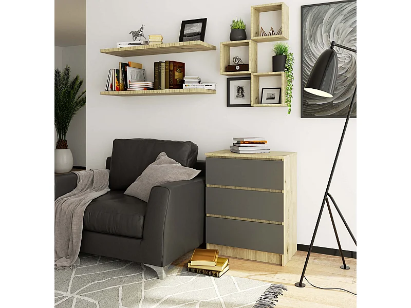 Ladekast K60 met 3 Lades / AKORD Furniture Factory / Artisan Eik - Grafietgrijs / 60 x 77 x 40 cm