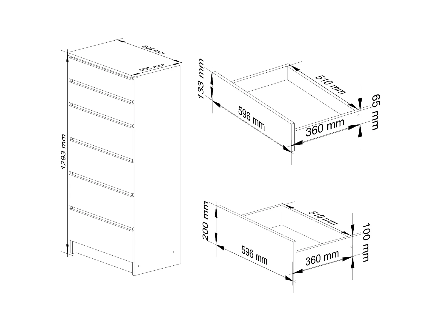 Commode AKORD K60 Aulne 60 cm 6 tiroirs façade Aulne 60x40x130 cm