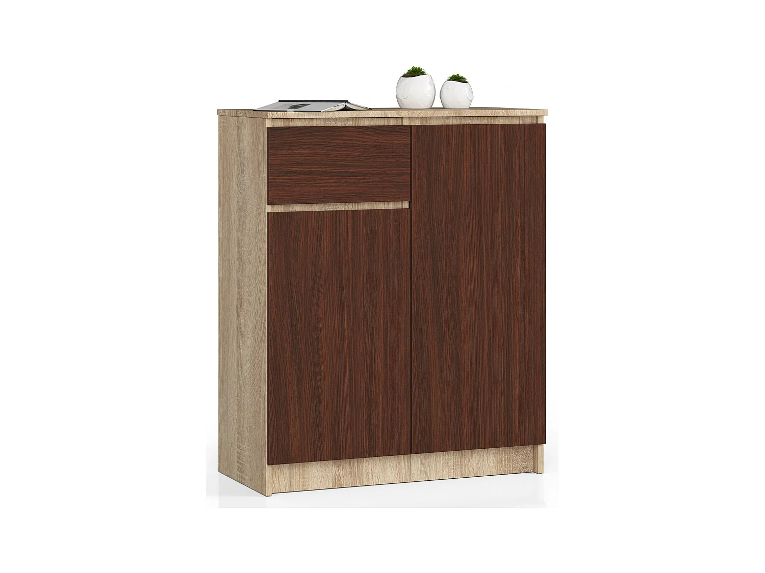 Commode AKORD K80 Chêne Sonoma 80 cm 2 portes 1 tiroir façade Wengé 4 étagères 80x40x99 cm