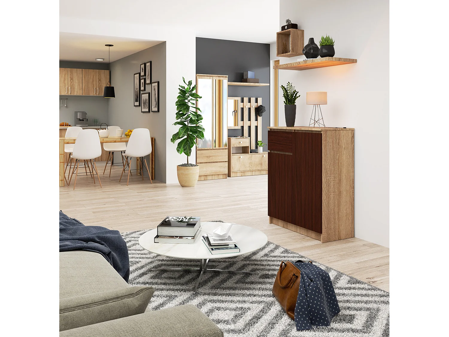 Cassettiera AKORD K80 Cassettiera Sonoma Quercia 80 cm 2 ante 1 cassetto inserto frontale Wengé 80x40x99 cm