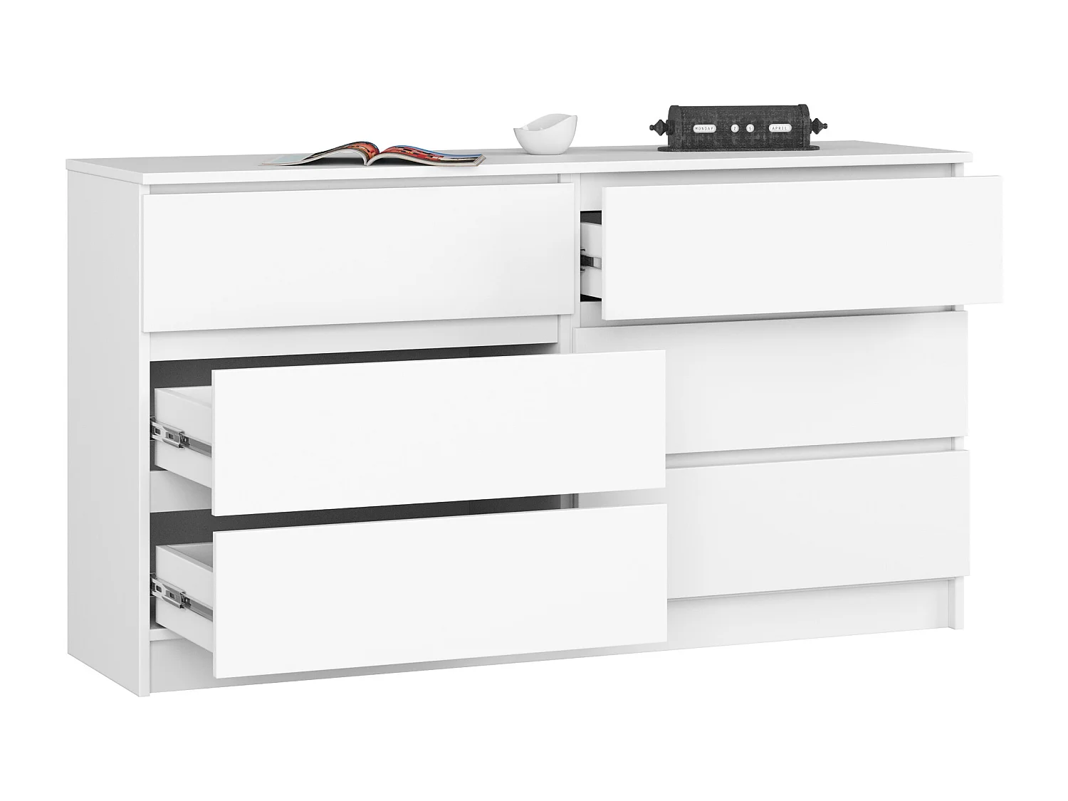 Kommode AKORD K140 Weiß 138 cm 6 Schubladen B138 x H77 x T40 cm