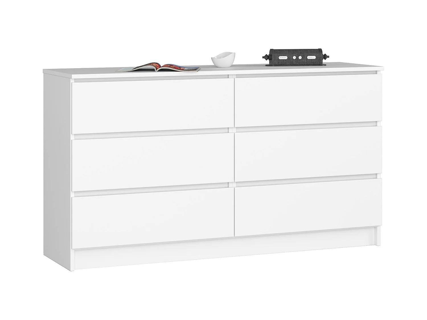 Commode AKORD K140 Blanche 138 cm 6 tiroirs façade Blanche 138x40x77 cm